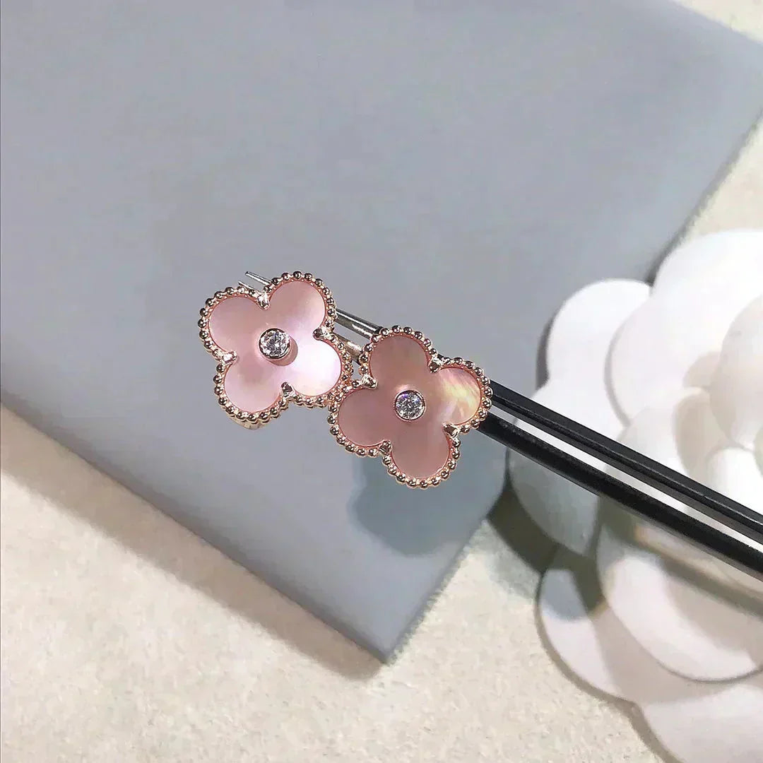 [basloveJW]CLOVER MEDIUM 1 MOTIFS  PINK MOP DIAMOND EARRINGS