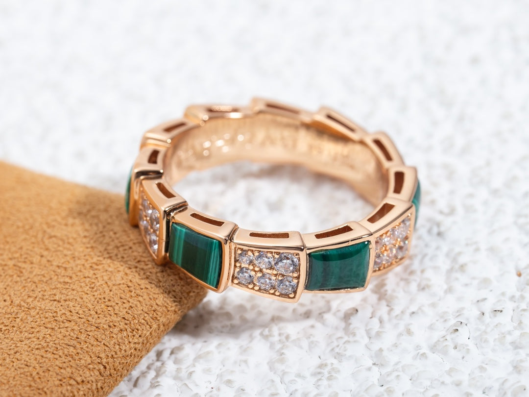 [baslovejewels]SERPENTI RING PINK GOLD MALACHITE DIAMOND PAVED 4MM