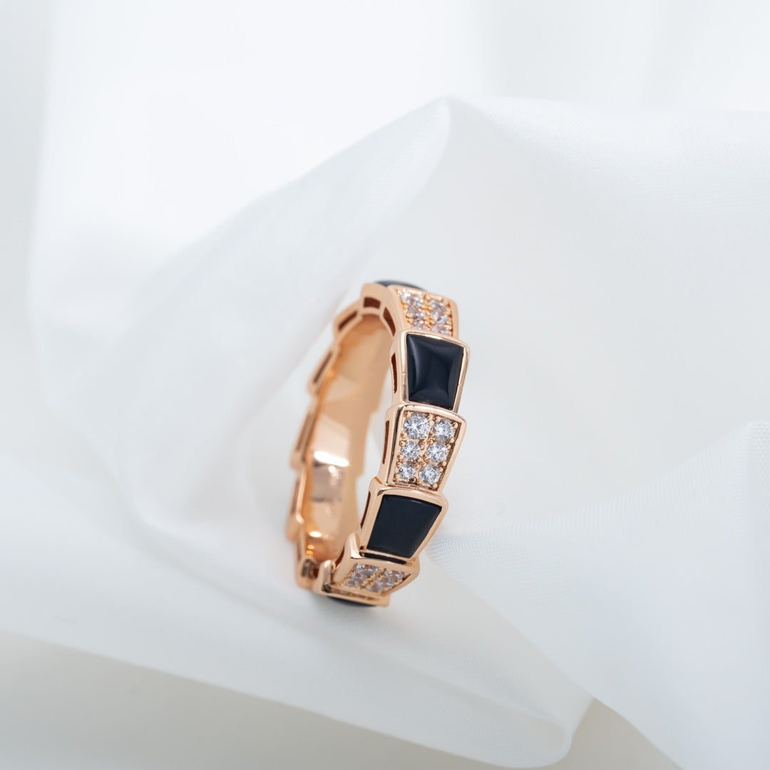 [baslovejewels]SERPENTI RING PINK GOLD BLACK MOP DIAMOND PAVED 4MM
