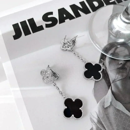 [basloveJW]CLOVER 2 MOTIFS  DIAMOND ONYX EARRINGS SILVER