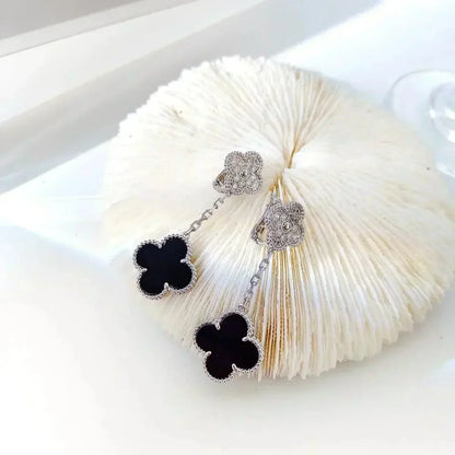 [basloveJW]CLOVER 2 MOTIFS  DIAMOND ONYX EARRINGS SILVER