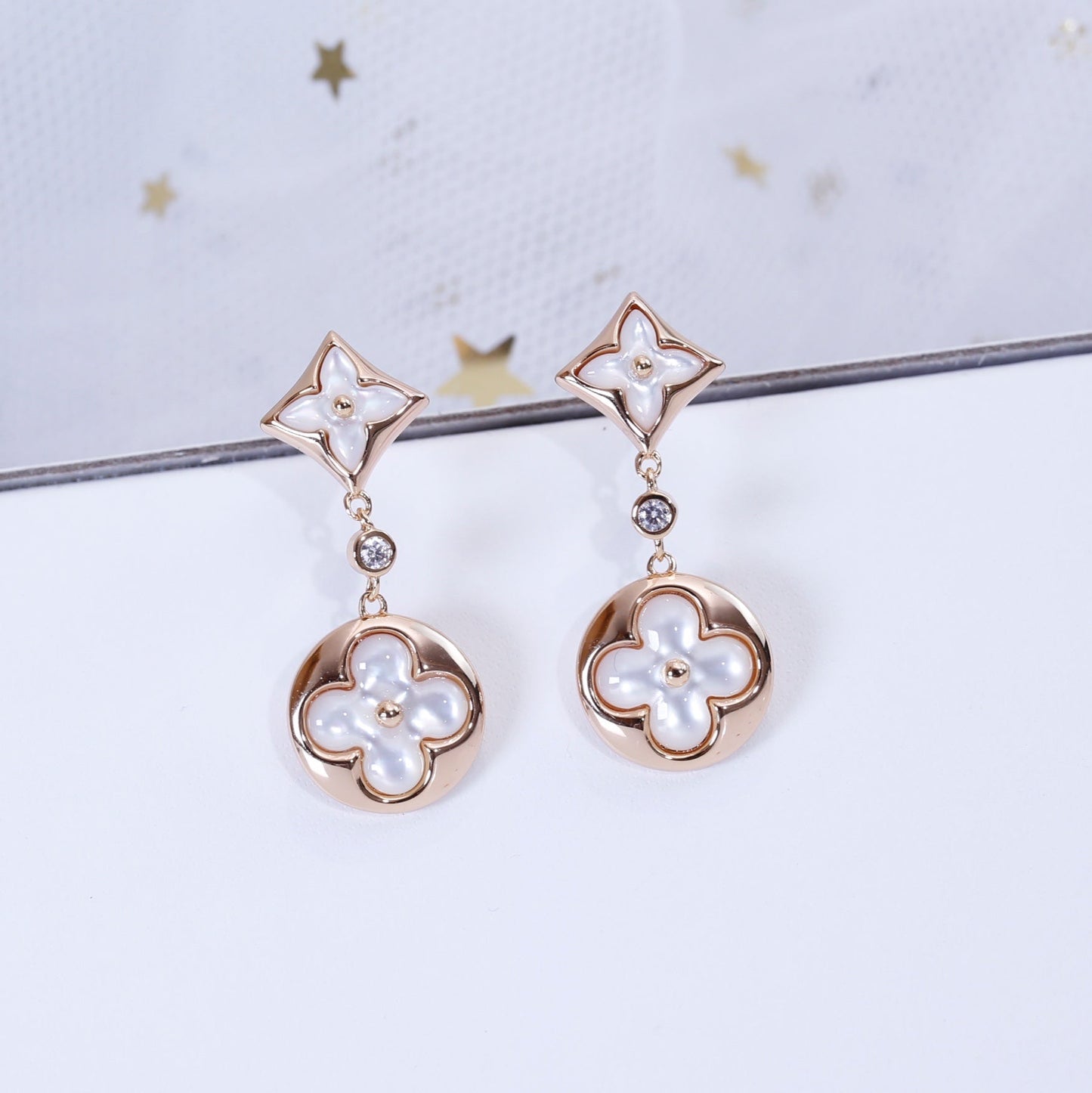 [baslovejewels]STAR AND SUN PINK GOLD MOP DROP EARRINGS
