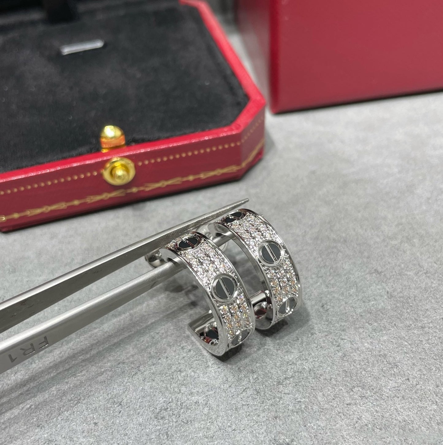 [baslovejewels]LOVE CERAMIC DIAMOND PAVED SILVER EARRINGS