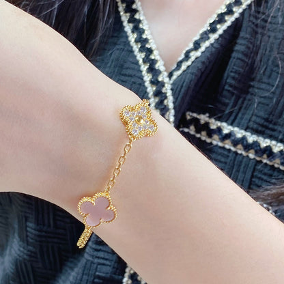 [baslovejewels]CLOVER 5 MOTIF DIAMOND PINK MOP PINK GOLD BRACELET