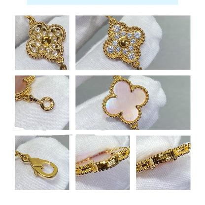 [baslovejewels]CLOVER 5 MOTIF DIAMOND PINK MOP PINK GOLD BRACELET