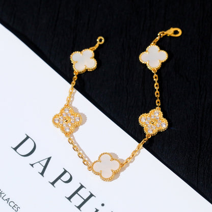 [baslovejewels]CLOVER BRACELET 5 MOTIF WHITE MOP DIAMOND