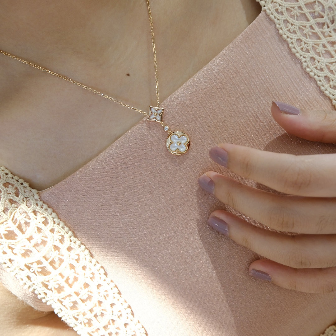 [baslovejewels]STAR AND SUN WHITE MOP 2 MOTIF PINK GOLD NECKLACE