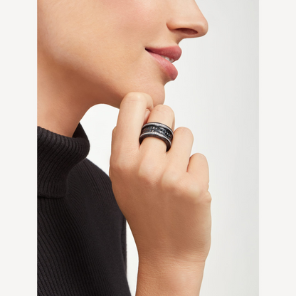 [baslovejewels]ZERO 1 ROCK FOUR-BAND BLACK CERAMIC WITH STUDDED SPIRAL AND PAVED DIAMONDS RING