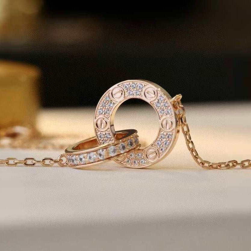 [baslovejewels]LOVE 7.6MM NECKLACE ROSE GOLD AND SILVER  FULL DIAMOND