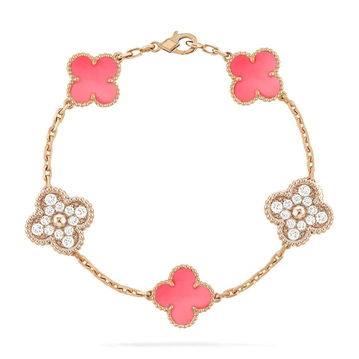 [baslovejewels]CLOVER 5 MOTIF DIAMOND PINK MOP PINK GOLD BRACELET