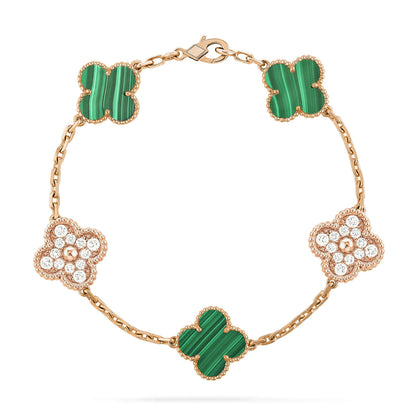 [baslovejewels]CLOVER  5 MOTIF MALACHITE DIAMOND BRACELET