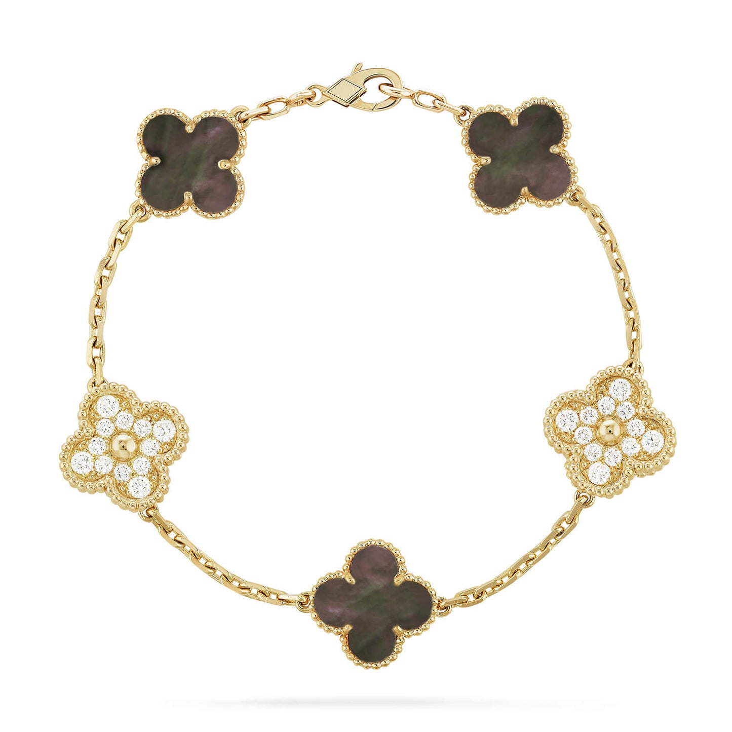 [baslovejewels]CLOVER 5 MOTIF GRAY MOP DIAMOND BRACELET