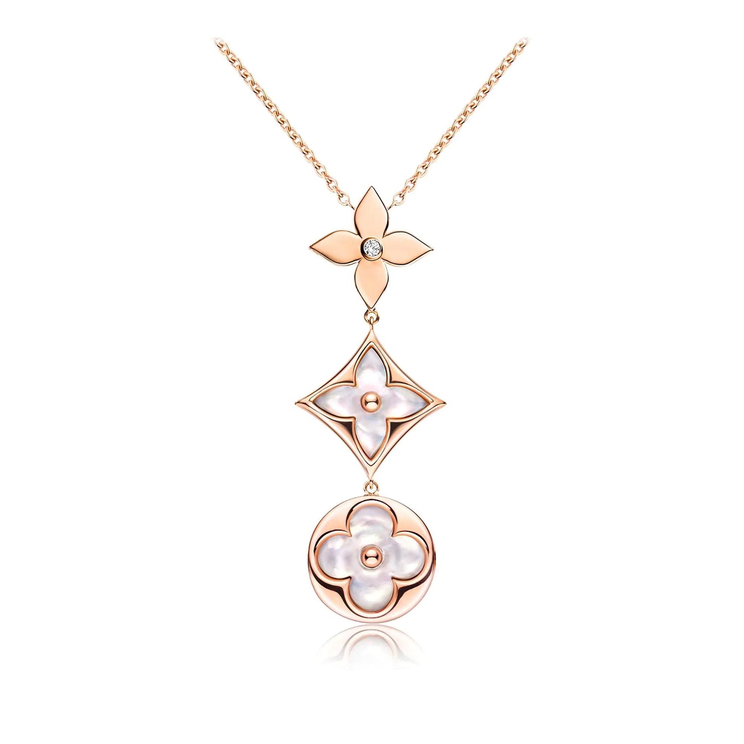 [baslovejewels]COLOR BLOSSOM LARIAT NECKLACE PINK GOLD WHITE MOTHER PEARL AND DIAMOND